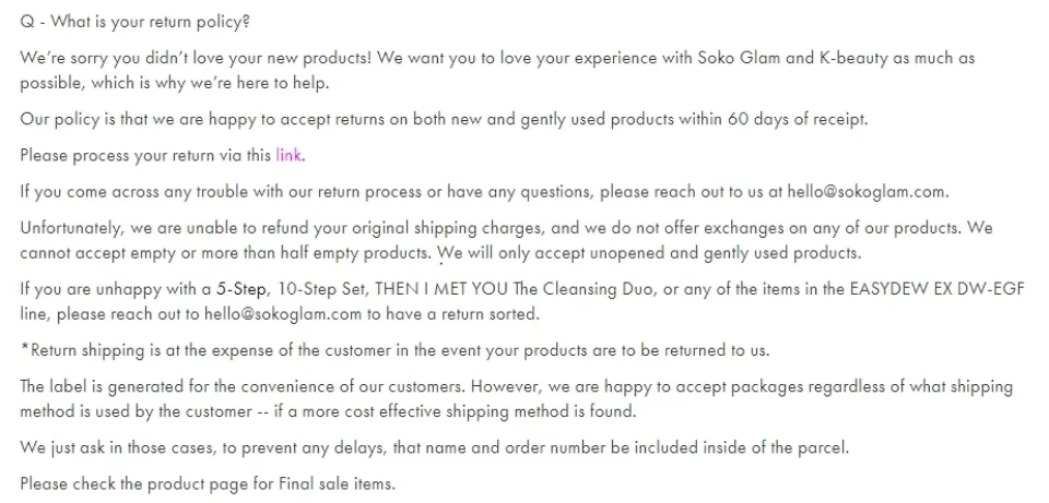 Soko Glam’s Refund Policy