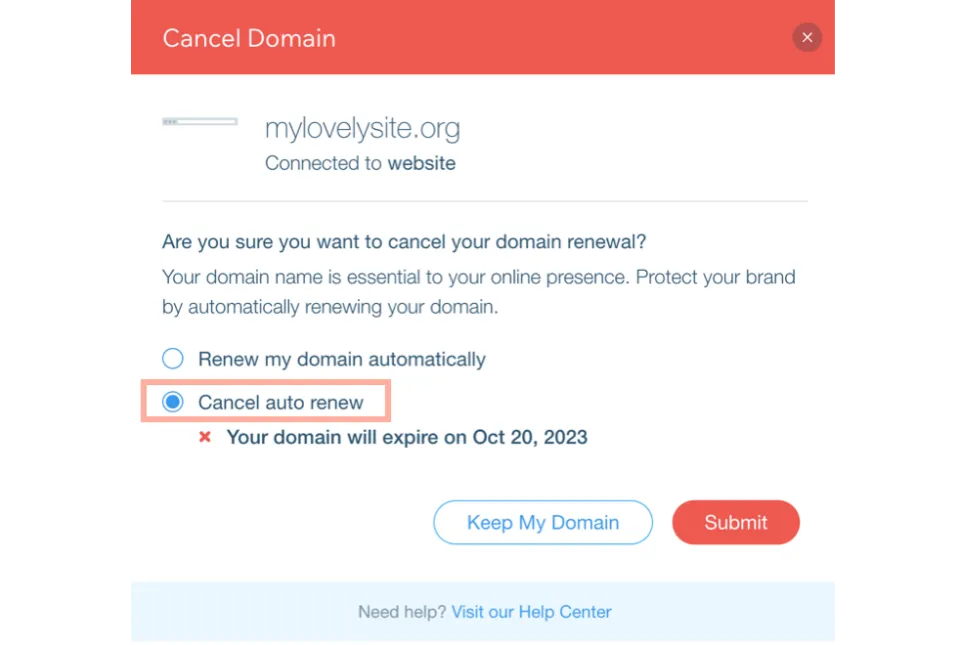 Select the Domain to Cancel